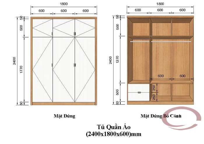 Kích thước tủ quần áo 3 cánh