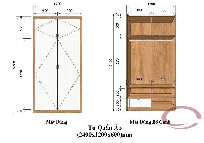 Kích thước mẫu tủ quần áo 2 cánh cho phòng ngủ